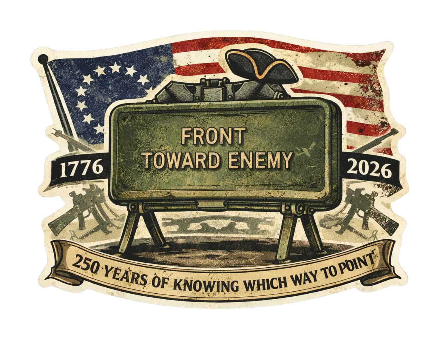 "Front Toward Enemy" M18A1 Claymore Sticker - 250 Years of Knowing Which Way to Point | 1776-2026 Military Heritage Collection