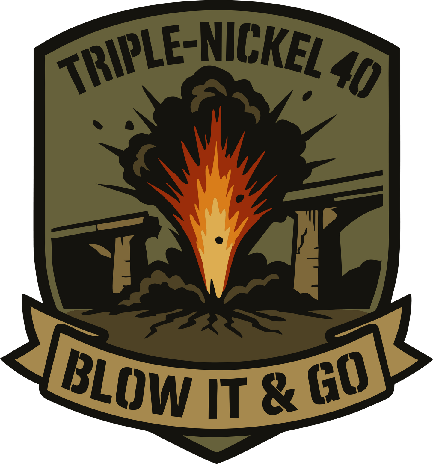 Logo with explosion design and 'Triple-Nickel 40' text on a green background