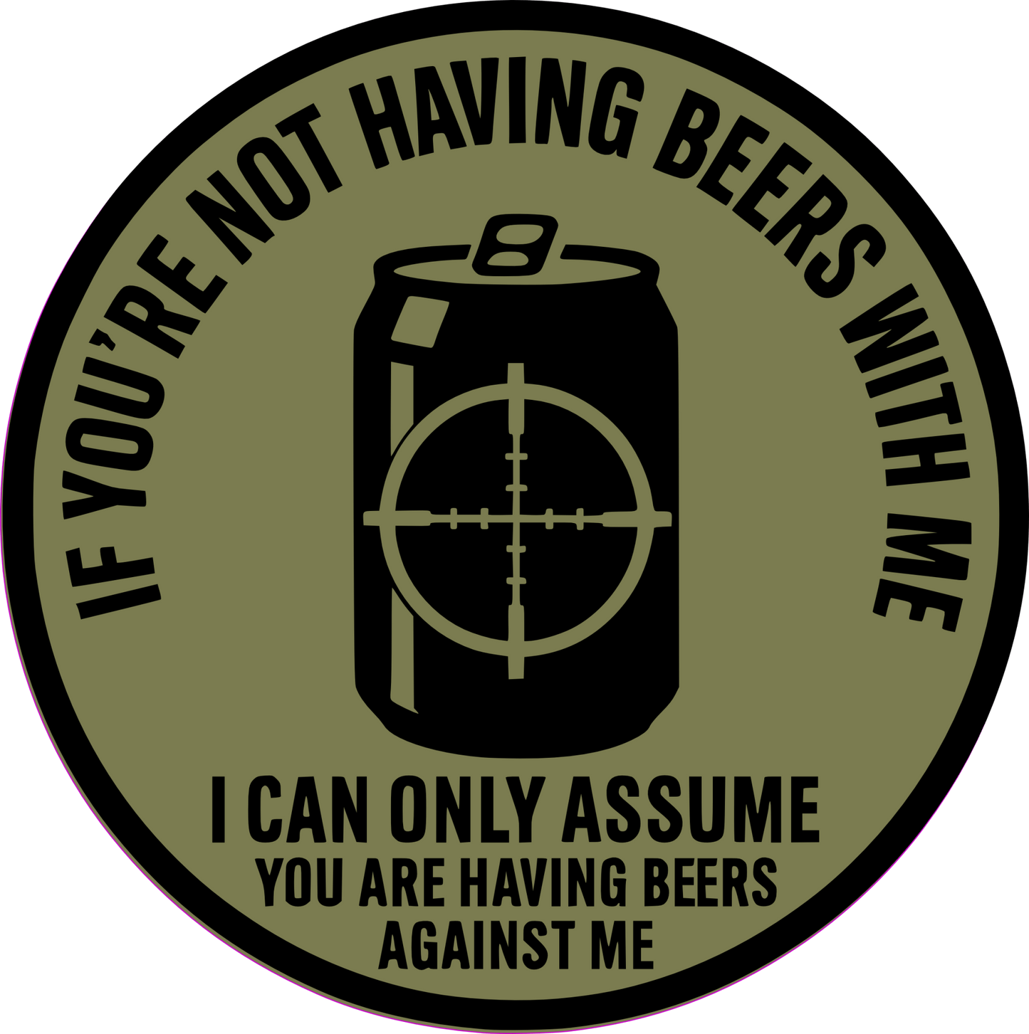 Circular graphic with a can of beer and text on a green background