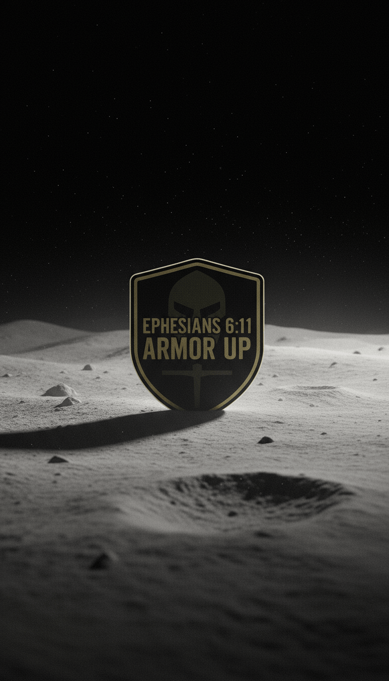 Shield with 'Armor Up' text on a moon-like surface