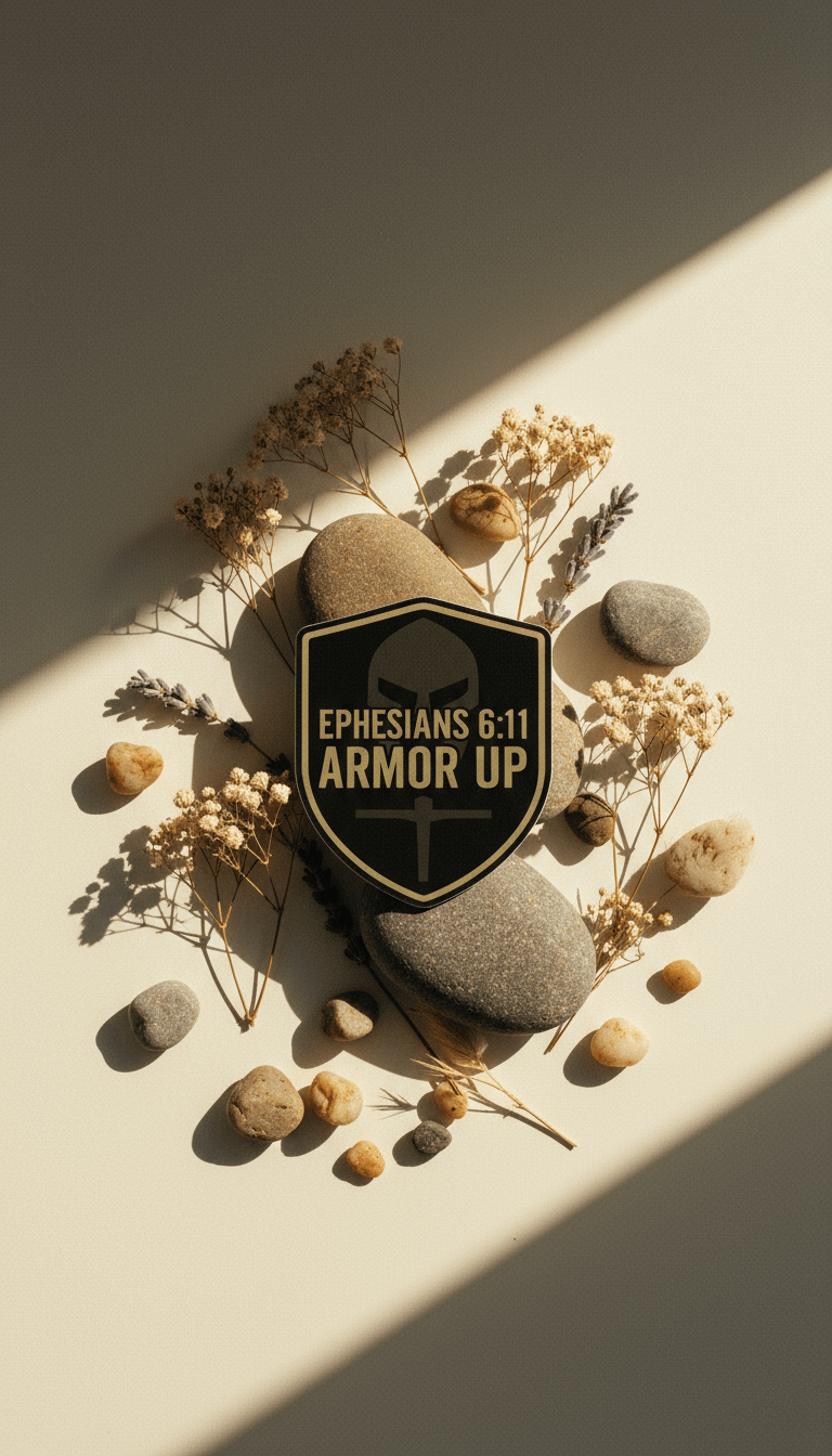 Decorative stone with 'Ephesians 6:11 Armor Up' text surrounded by dried flowers and stones on a beige background.