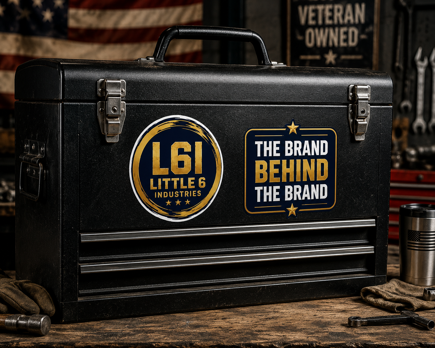 A black metal tool box with silver latches and a handle, featuring two custom decals: a circular 'L61 Little 6 Industries' logo and a rectangular 'The Brand Behind The Brand' badge. The tool box is set on a rustic wooden workbench with a workshop background containing an American flag and tools.