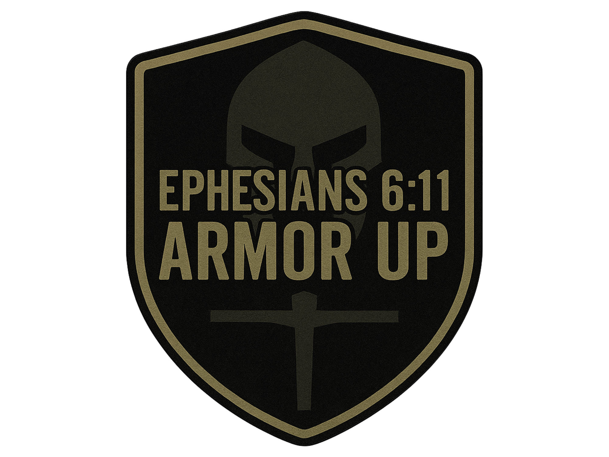 Shield emblem with 'Ephesians 6:11 Armor Up' text on a green background