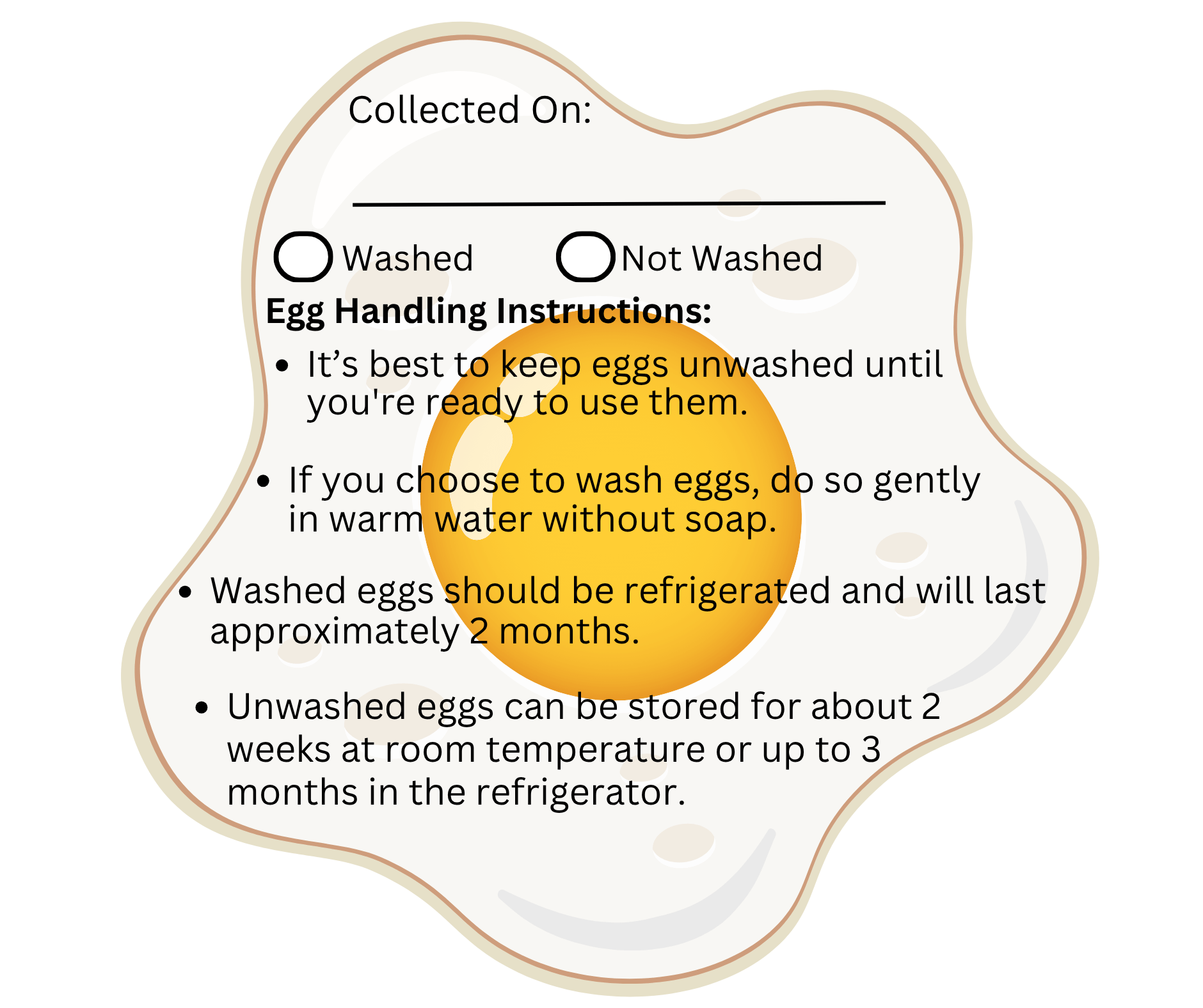 Egg handling instructions with a yellow egg on a green background