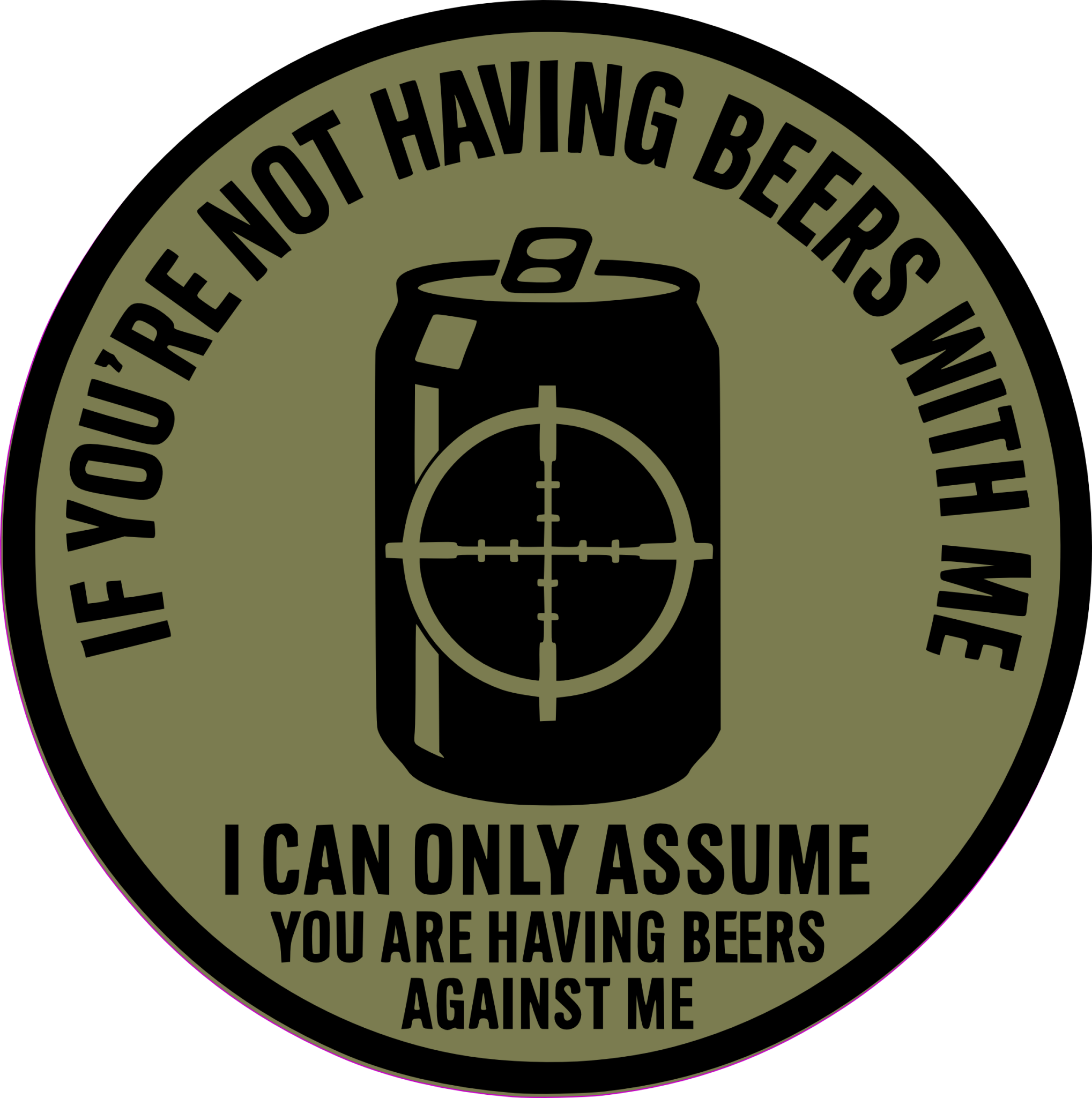 Circular graphic with a can of beer and text on a green background