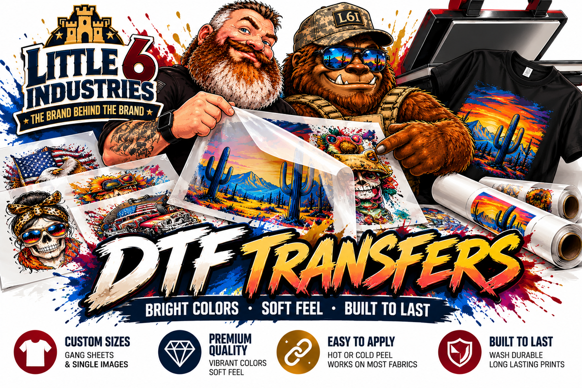 Colorful custom DTF transfer gang sheets with desert, skull, and eagle designs beside a printed T-shirt and heat press.