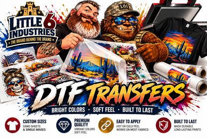 Colorful custom DTF transfer gang sheets with desert, skull, and eagle designs beside a printed T-shirt and heat press.
