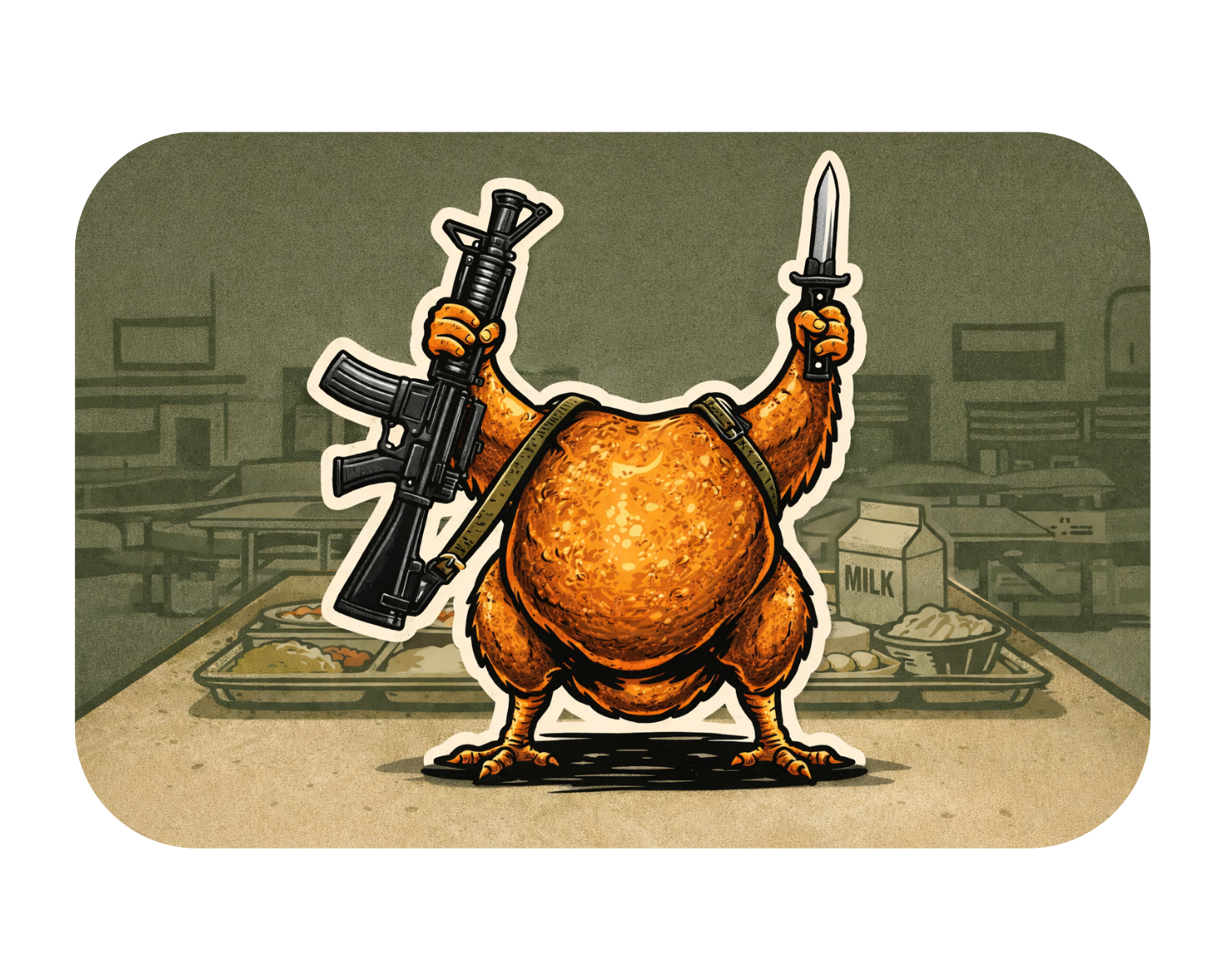Cartoon bear holding a rifle and knife in a classroom setting
