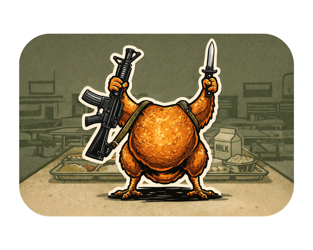 Cartoon bear holding a rifle and knife in a classroom setting
