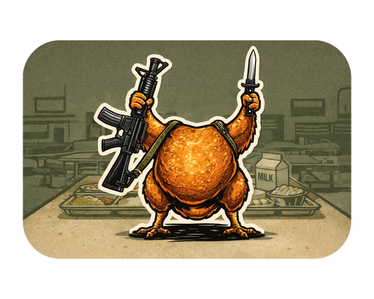 Cartoon bear holding a rifle and knife in a classroom setting
